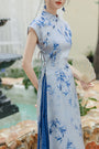 Elegant Blue Bamboo Print Modified Cheongsam Dress Set - Masion Chérie