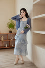 Elegant Blue Floral Lace Tiered Midi Dress with Mohair Knit Cardigan - Masion Chérie