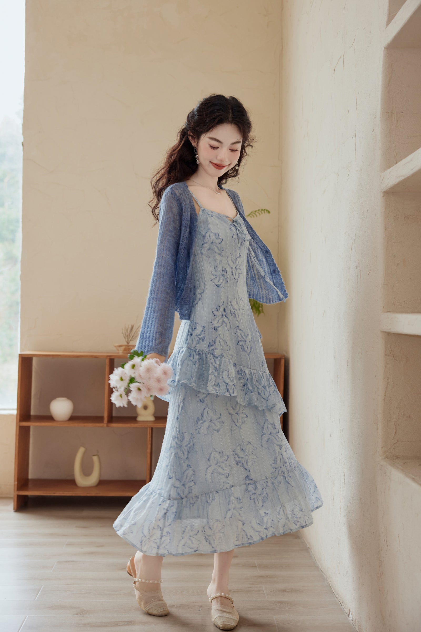 Elegant Blue Floral Lace Tiered Midi Dress with Mohair Knit Cardigan - Masion Chérie