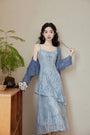 Elegant Blue Floral Lace Tiered Midi Dress with Mohair Knit Cardigan - Masion Chérie