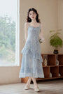 Elegant Blue Floral Lace Tiered Midi Dress with Mohair Knit Cardigan - Masion Chérie