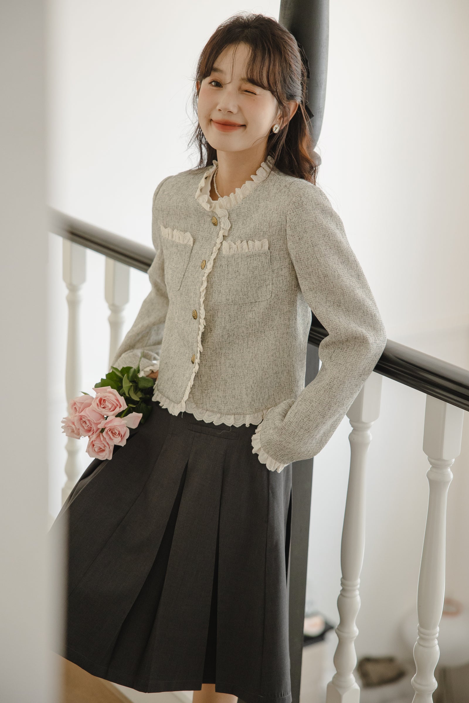 Elegant Ruffled Trim Tweed Jacket