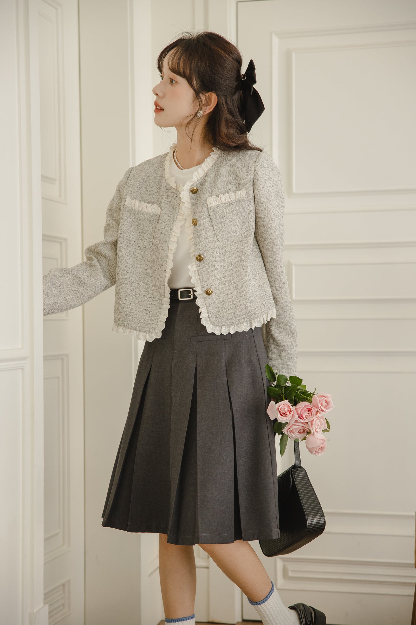 Elegant Ruffled Trim Tweed Jacket