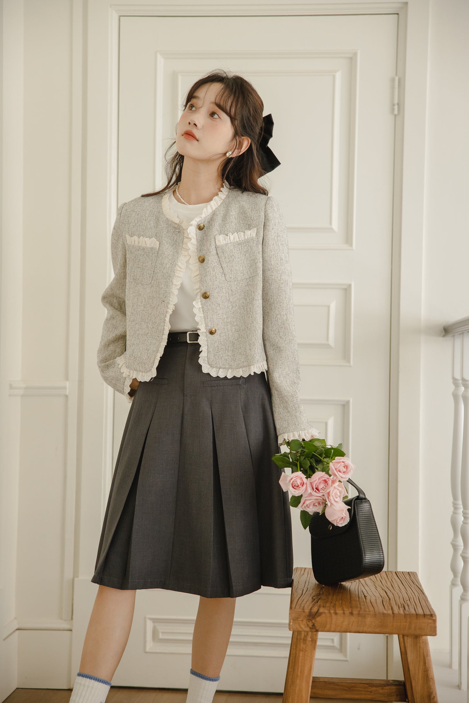 Elegant Ruffled Trim Tweed Jacket