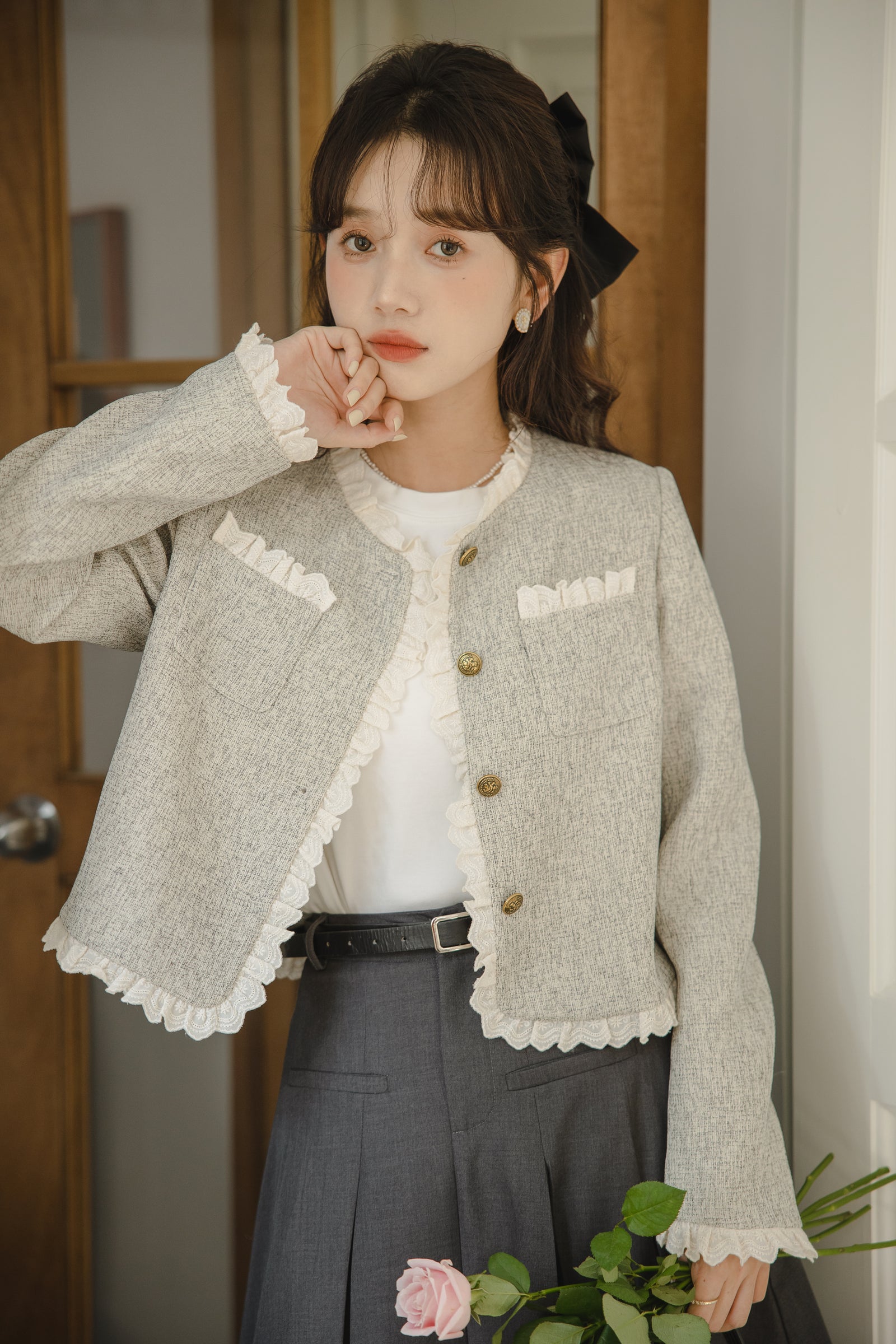 Elegant Ruffled Trim Tweed Jacket