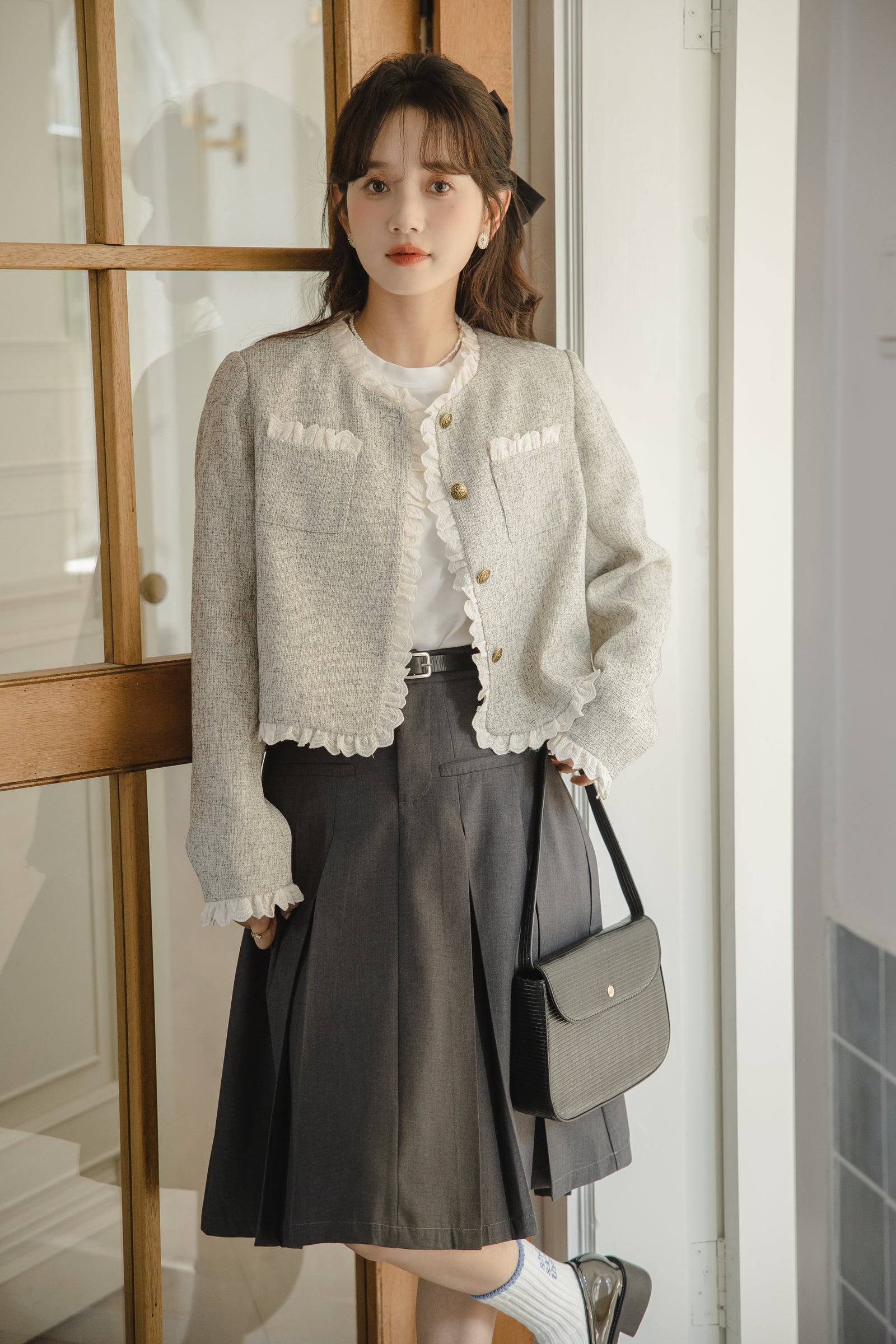 Elegant Ruffled Trim Tweed Jacket