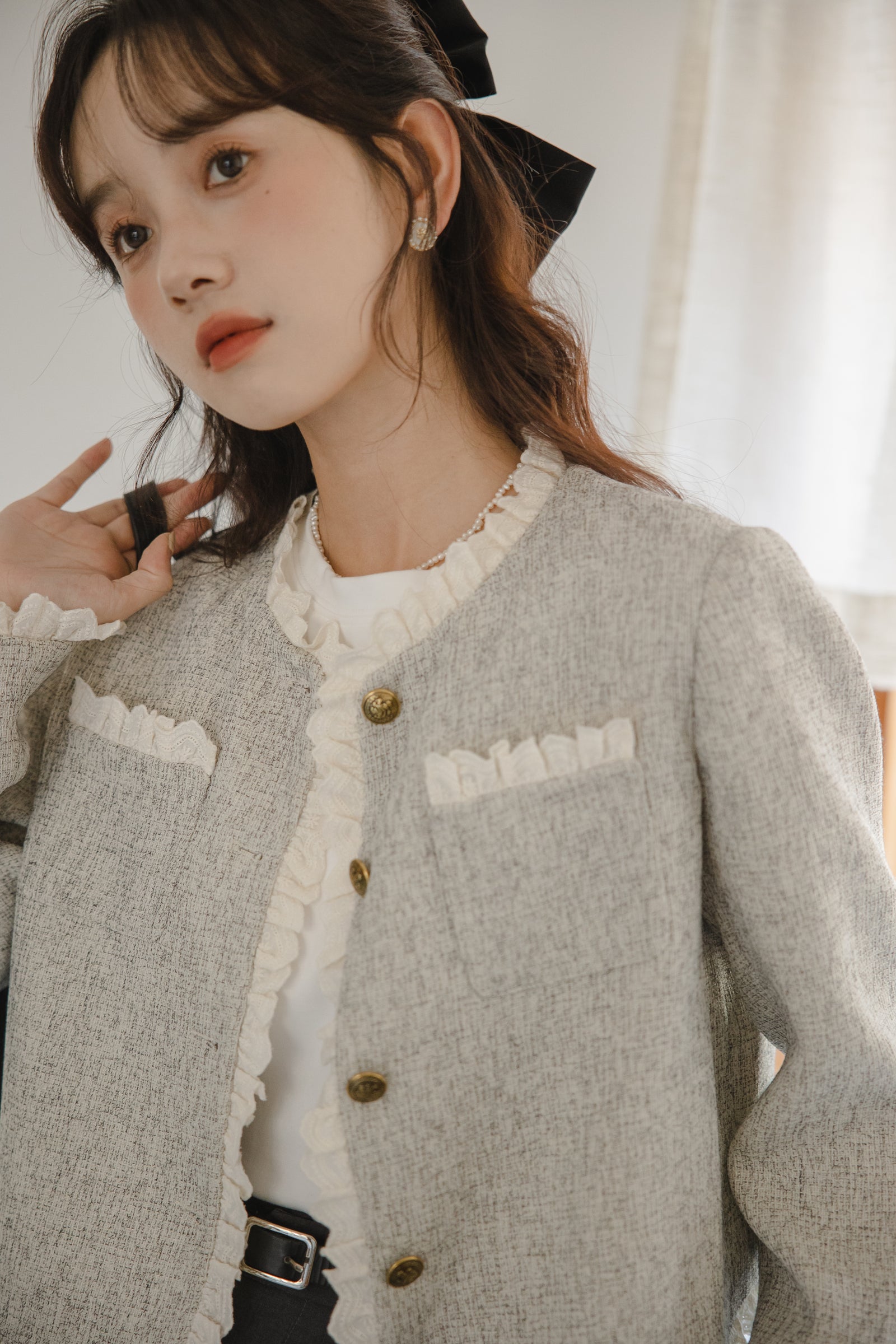 Elegant Ruffled Trim Tweed Jacket