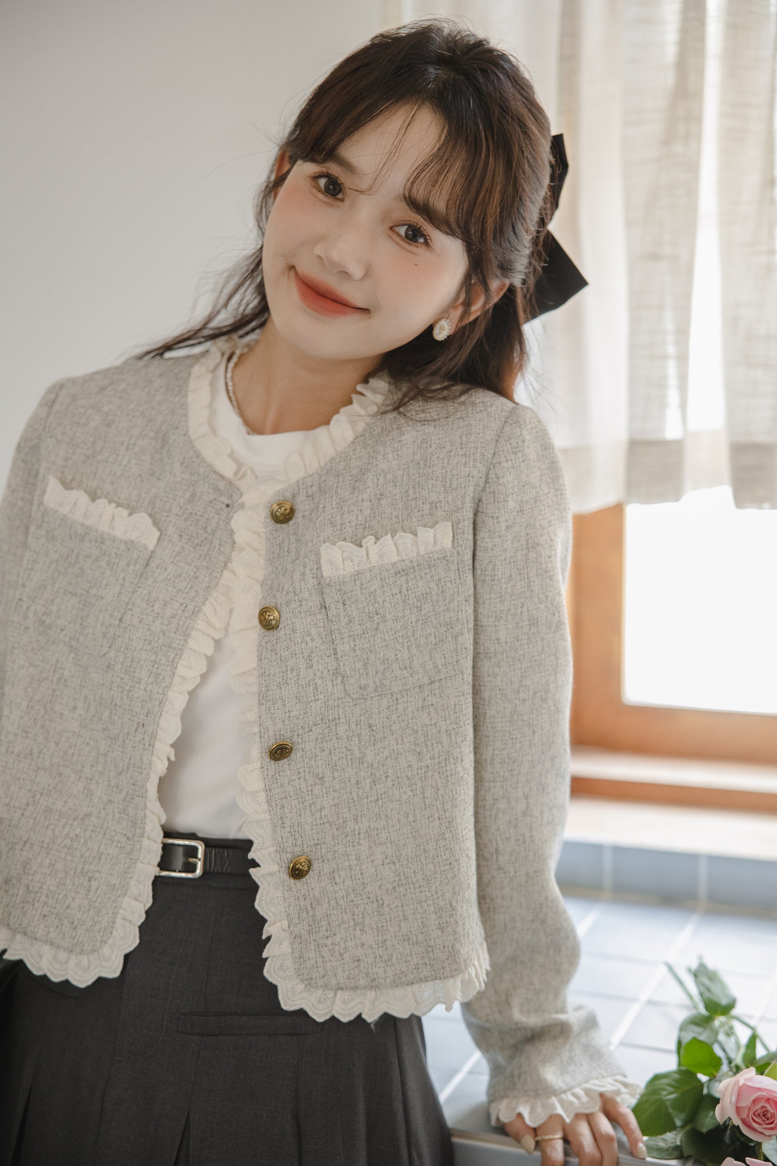 Elegant Ruffled Trim Tweed Jacket