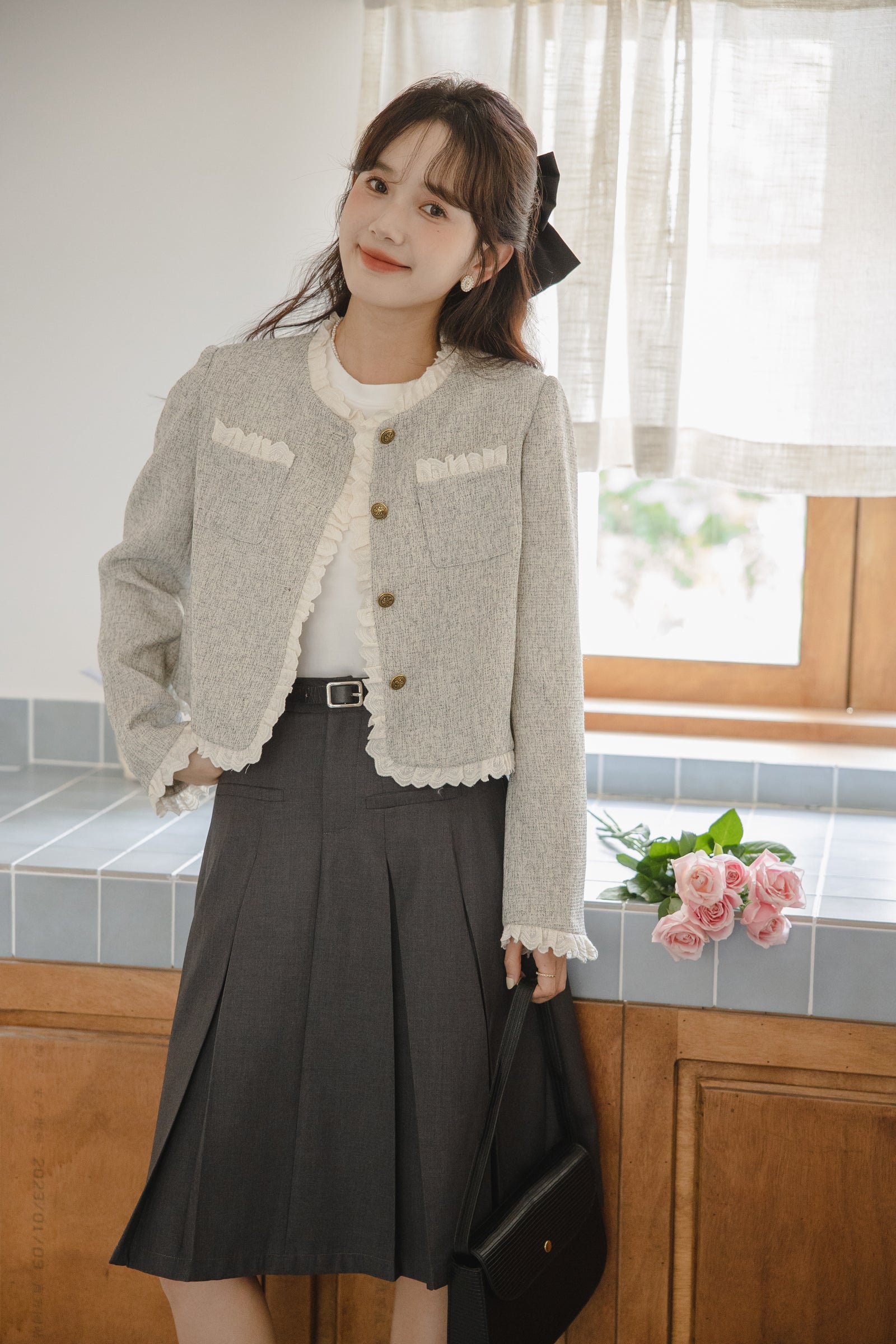 Elegant Ruffled Trim Tweed Jacket