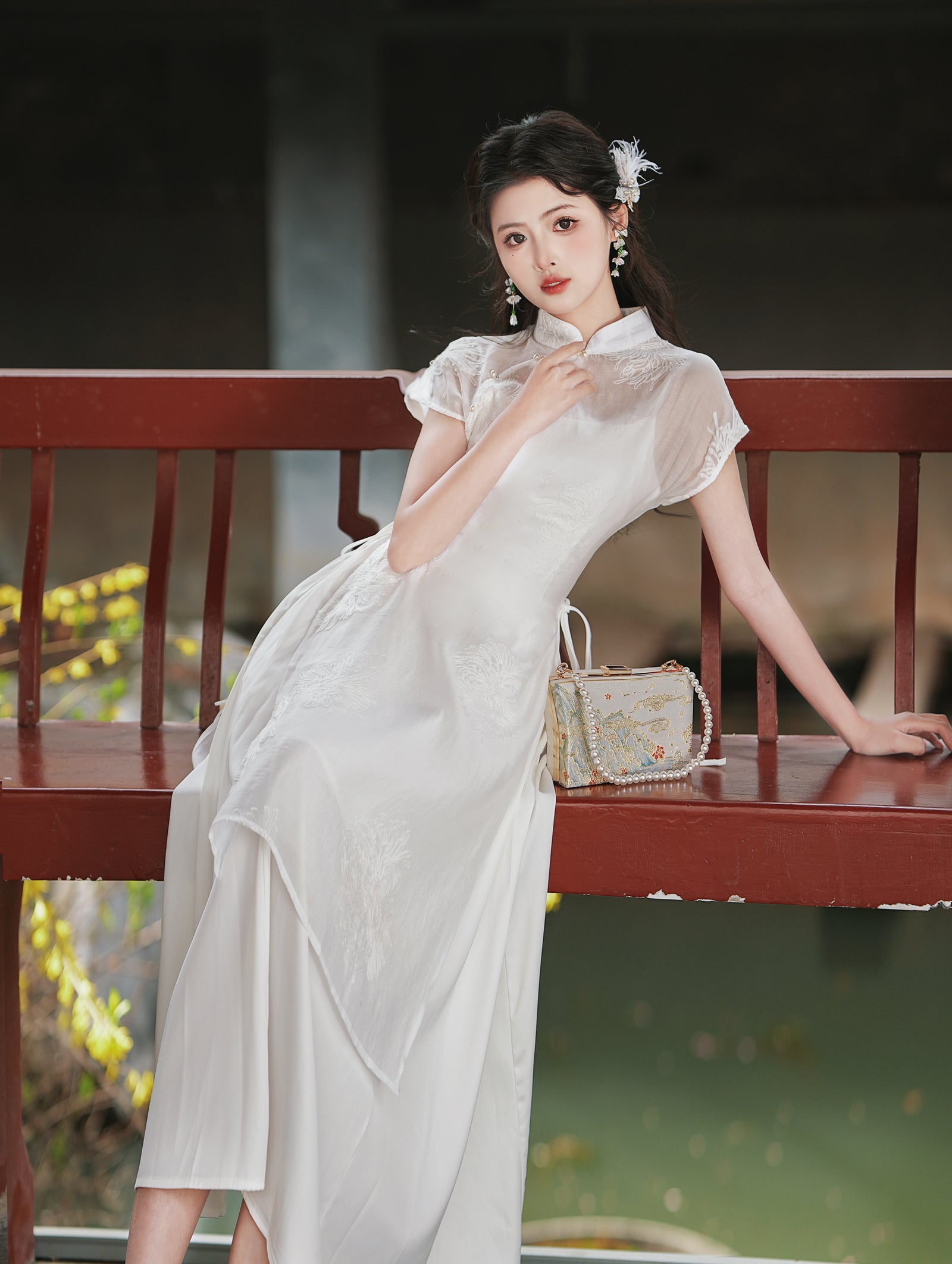 Elegant Ivory Floral Embroidered Cheongsam Two Piece Dress