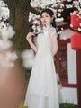 Elegant Ivory Floral Embroidered Cheongsam Two Piece Dress