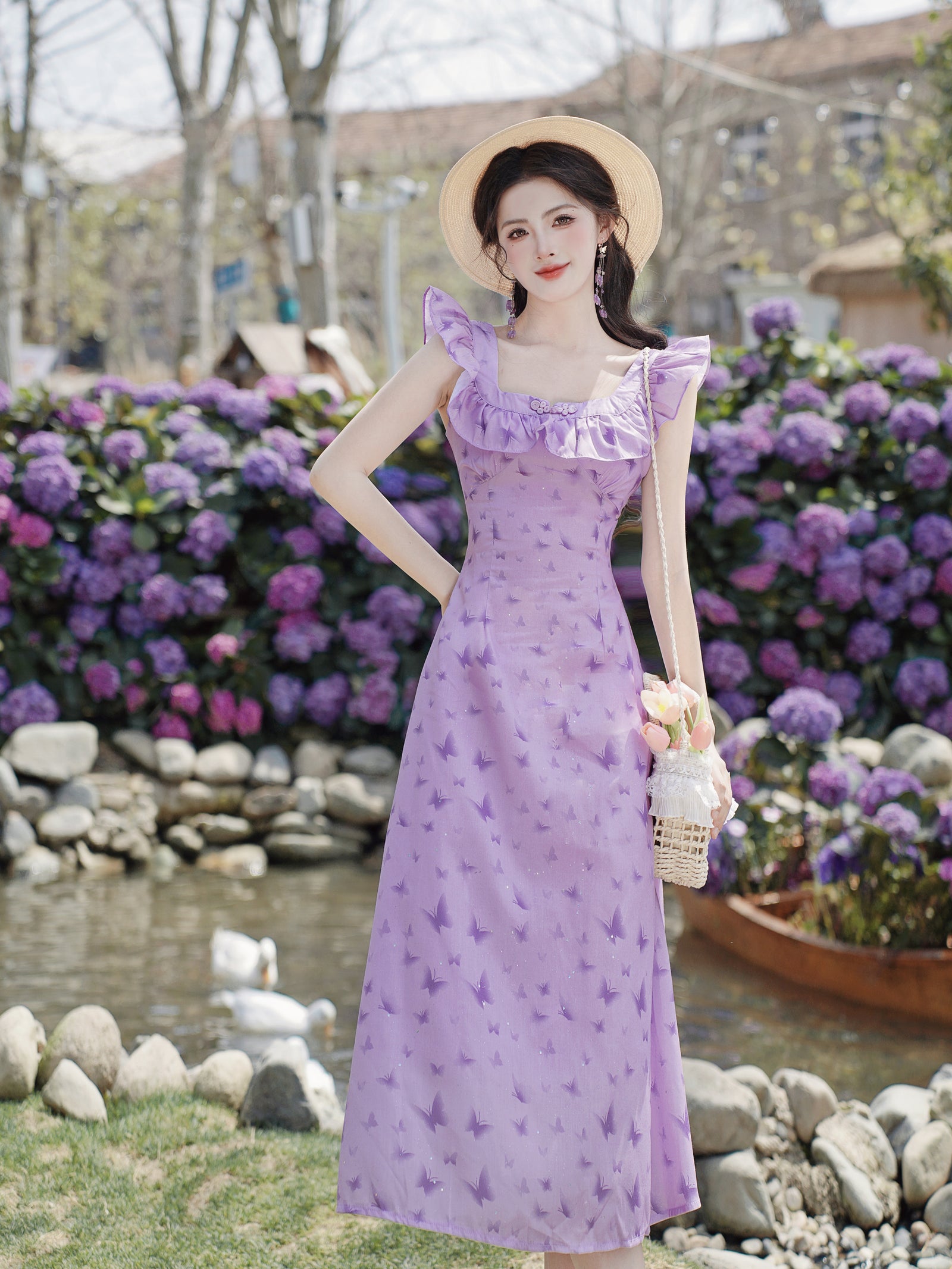 Enchanting Lilac Butterfly Print Ruffle Sleeve Maxi Dress - Masion Chérie