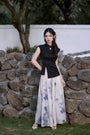 Elegant Black Cheongsam Top and Floral Maxi Culotte Set