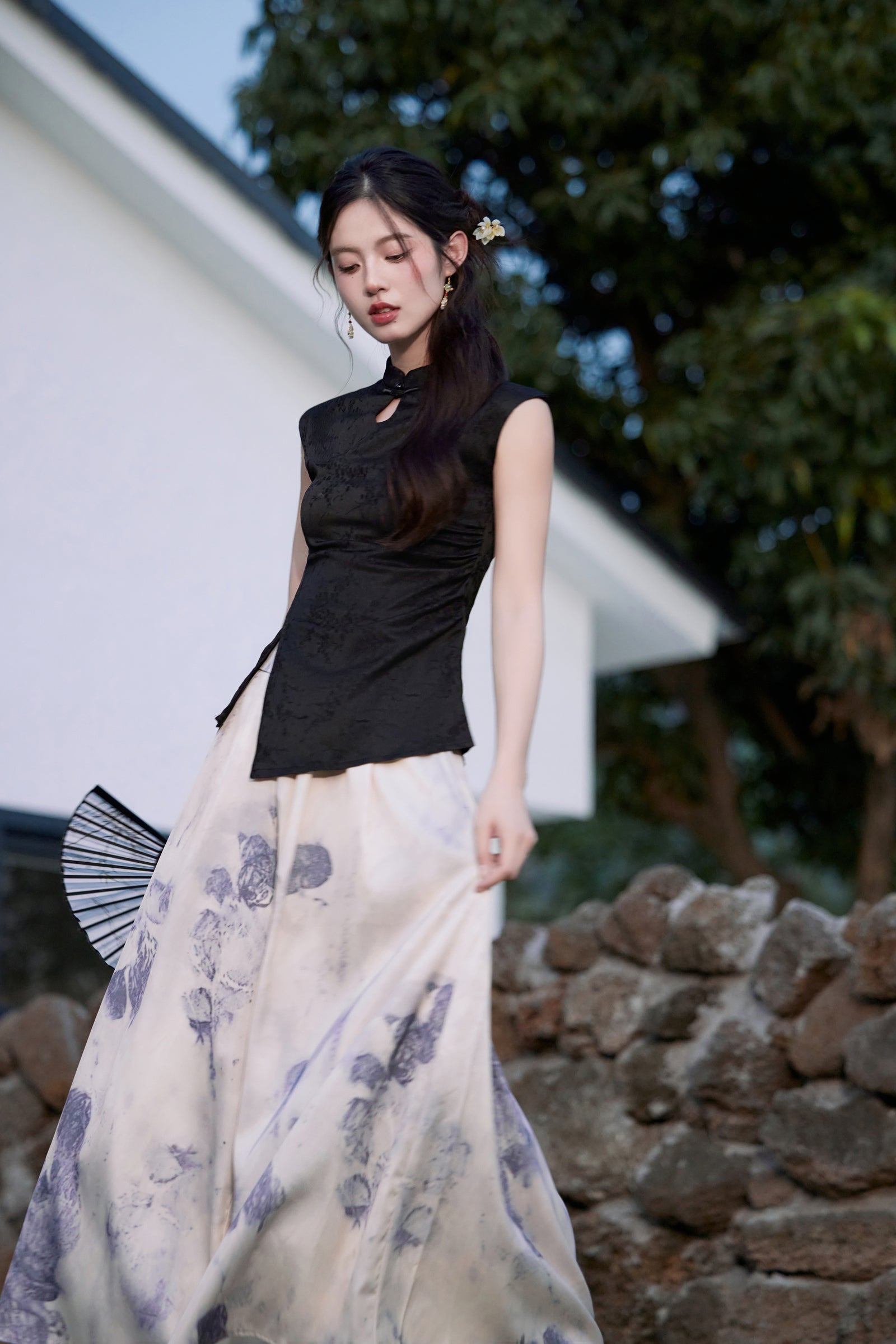 Elegant Black Cheongsam Top and Floral Maxi Culotte Set