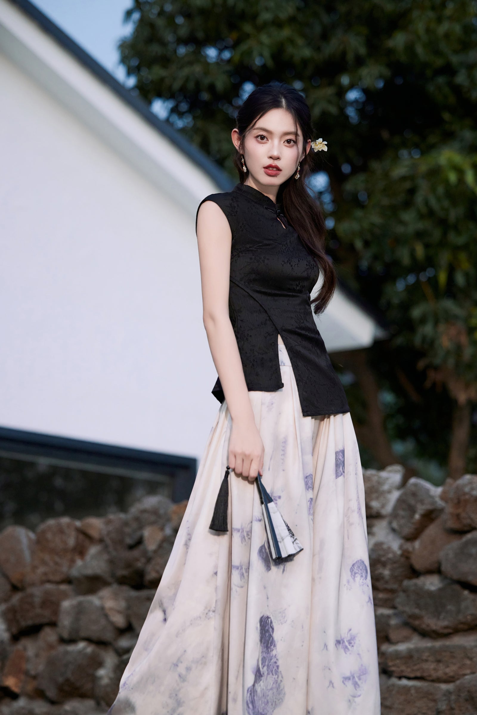 Elegant Black Cheongsam Top and Floral Maxi Culotte Set