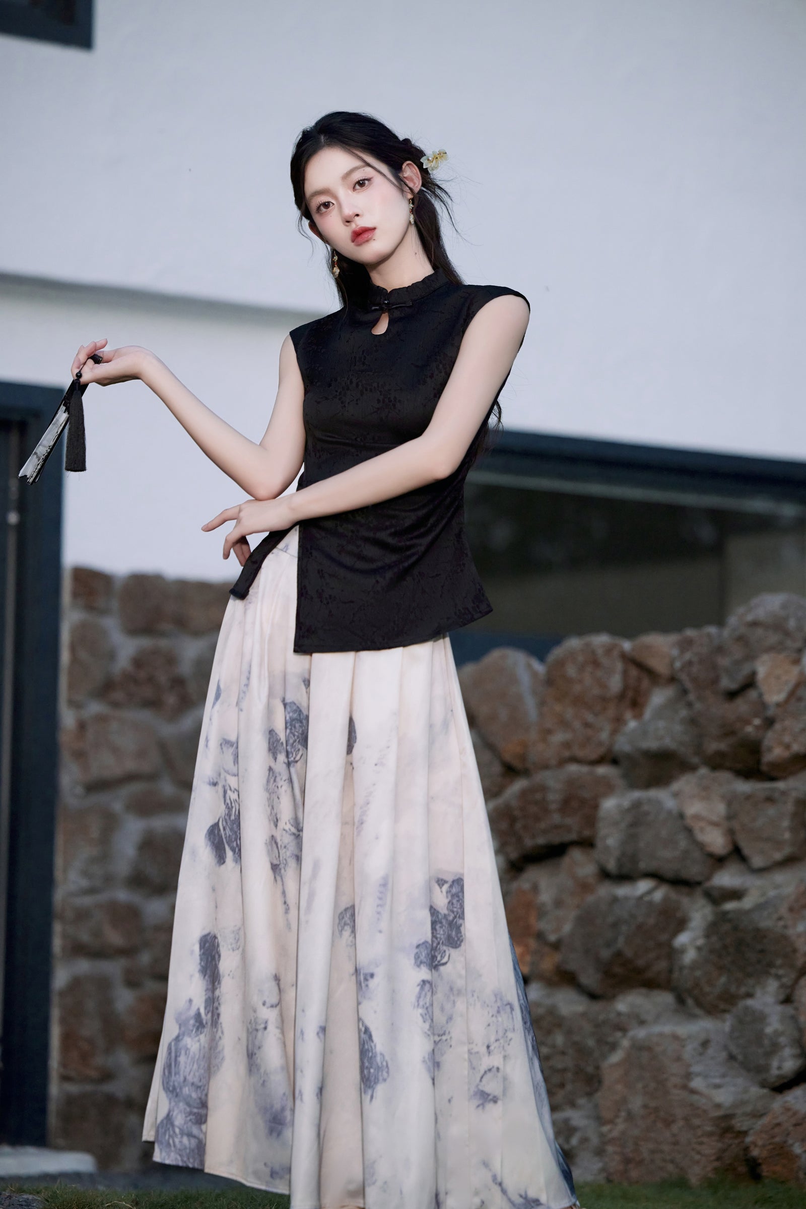 Elegant Black Cheongsam Top and Floral Maxi Culotte Set