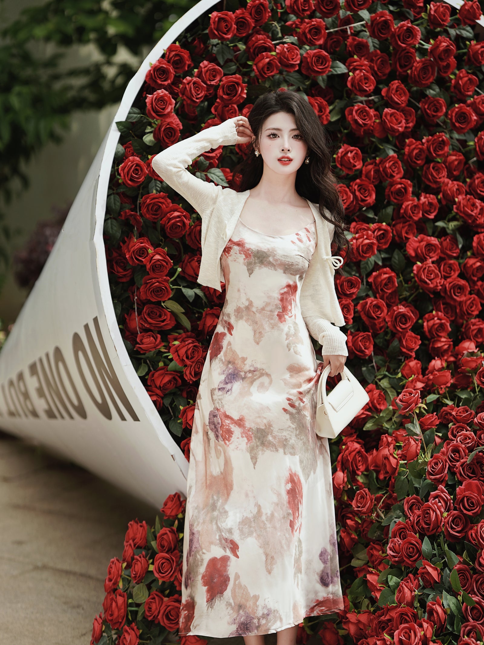 Elegant Watercolor Floral Satin Midi Dress with Sheer Cardigan - Masion Chérie