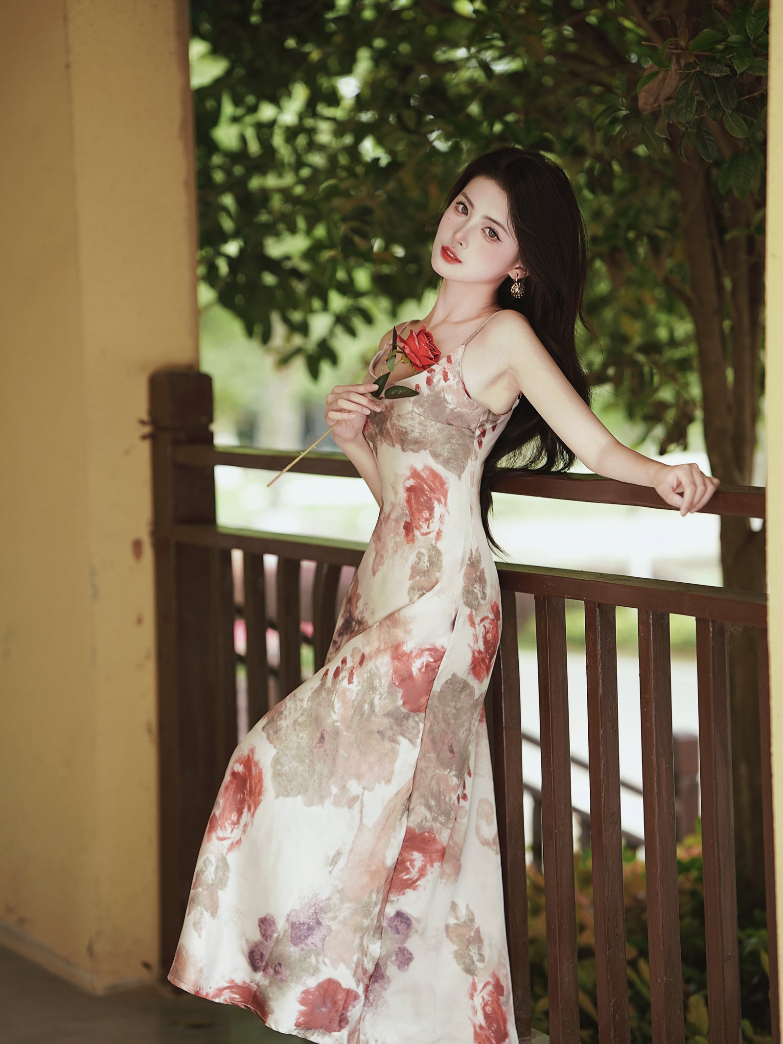 Elegant Watercolor Floral Satin Midi Dress with Sheer Cardigan - Masion Chérie