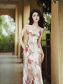 Elegant Watercolor Floral Satin Midi Dress with Sheer Cardigan - Masion Chérie