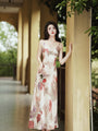 Elegant Watercolor Floral Satin Midi Dress with Sheer Cardigan - Masion Chérie