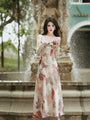 Elegant Watercolor Floral Satin Midi Dress with Sheer Cardigan - Masion Chérie