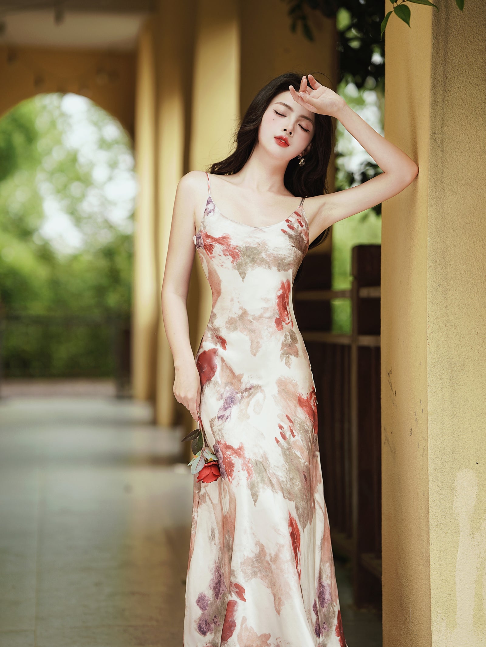 Elegant Watercolor Floral Satin Midi Dress with Sheer Cardigan - Masion Chérie