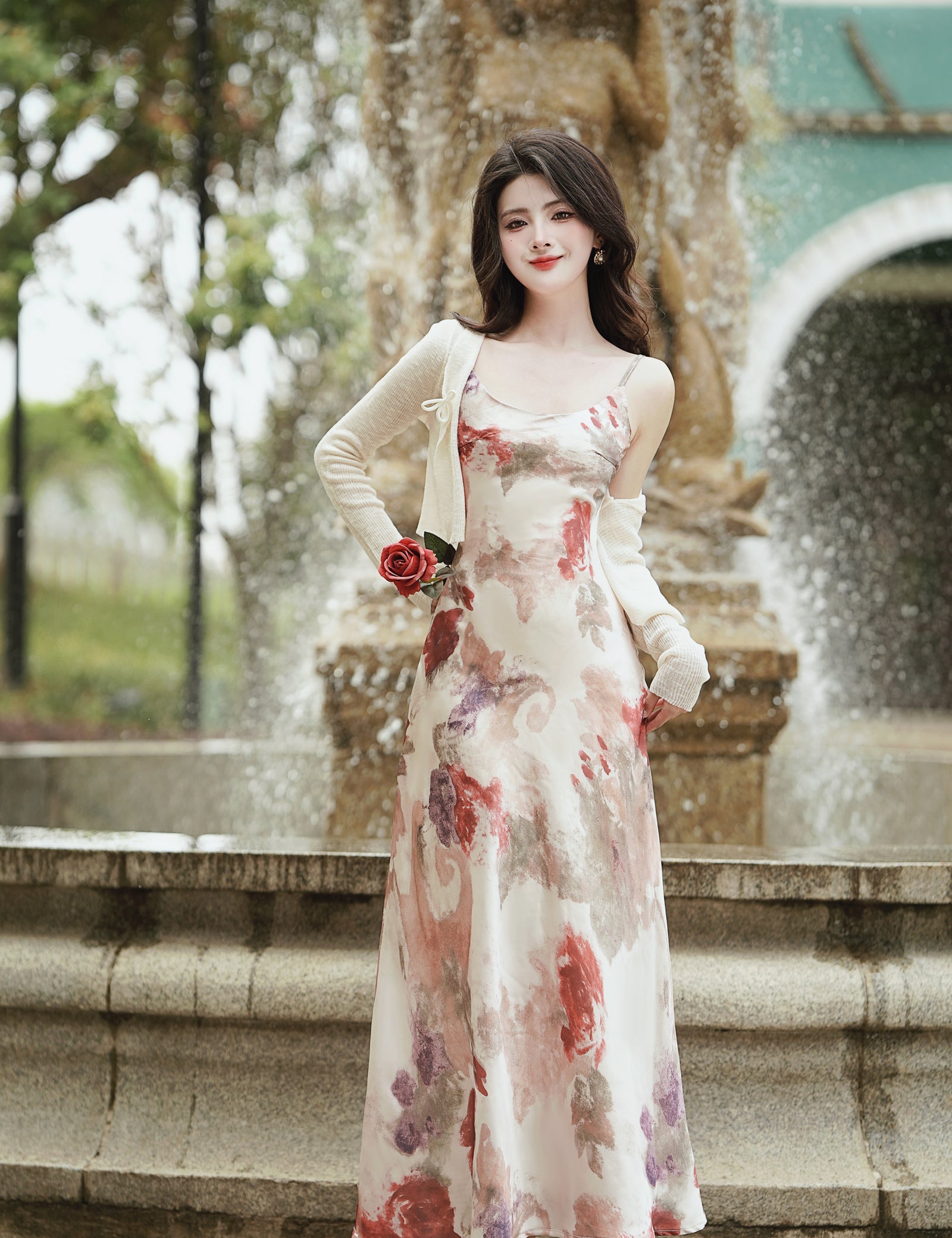 Elegant Watercolor Floral Satin Midi Dress with Sheer Cardigan - Masion Chérie