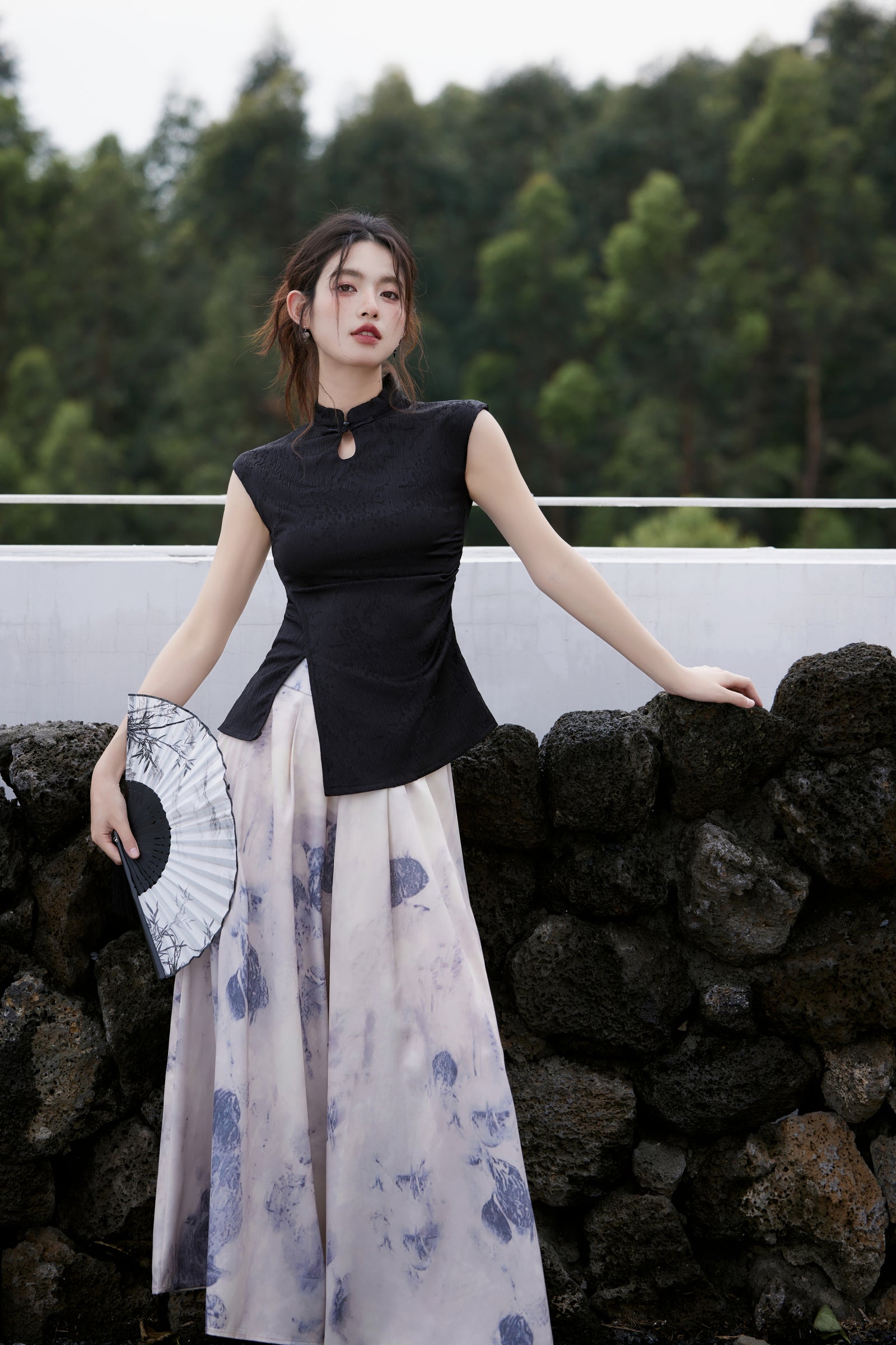 Elegant Black Cheongsam Top and Floral Maxi Culotte Set