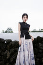 Elegant Black Cheongsam Top and Floral Maxi Culotte Set