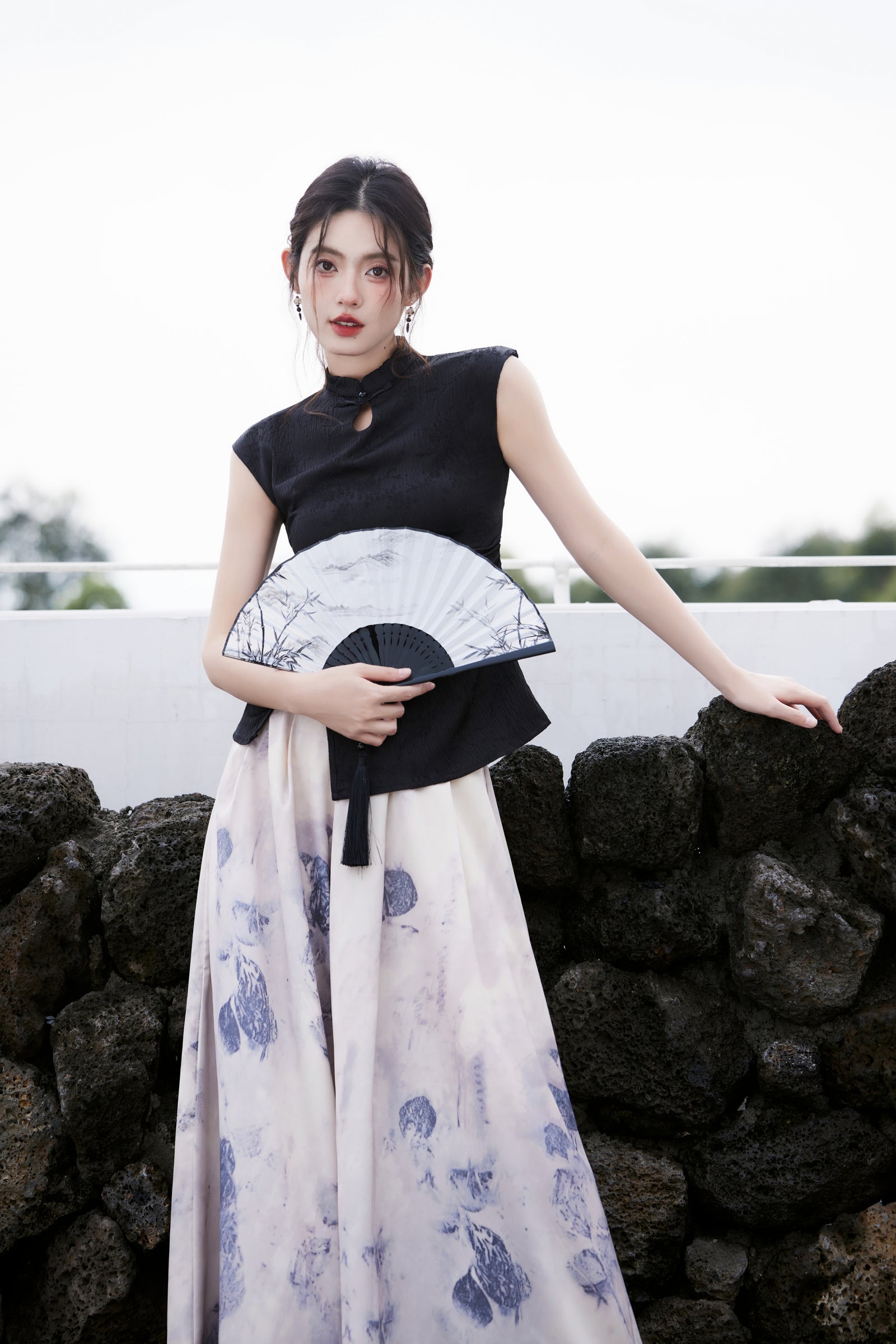 Elegant Black Cheongsam Top and Floral Maxi Culotte Set