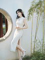 Elegant Embroidered Ivory Silk Cheongsam Dress