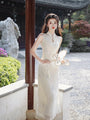 Elegant Embroidered Ivory Silk Cheongsam Dress