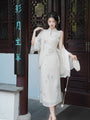 Elegant Embroidered Ivory Silk Cheongsam Dress