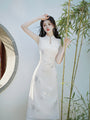 Elegant Embroidered Ivory Silk Cheongsam Dress