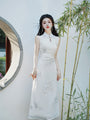 Elegant Embroidered Ivory Silk Cheongsam Dress