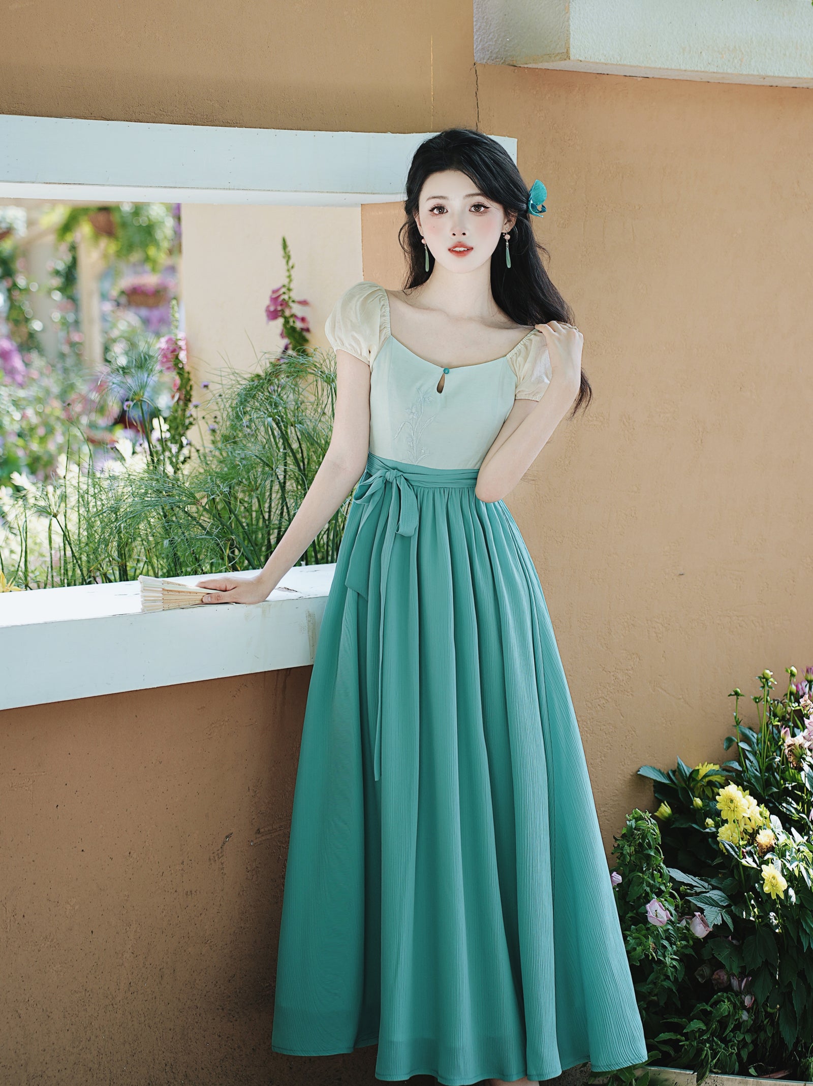 Seafoam Green Puff Sleeve Maxi Dress - Masion Chérie