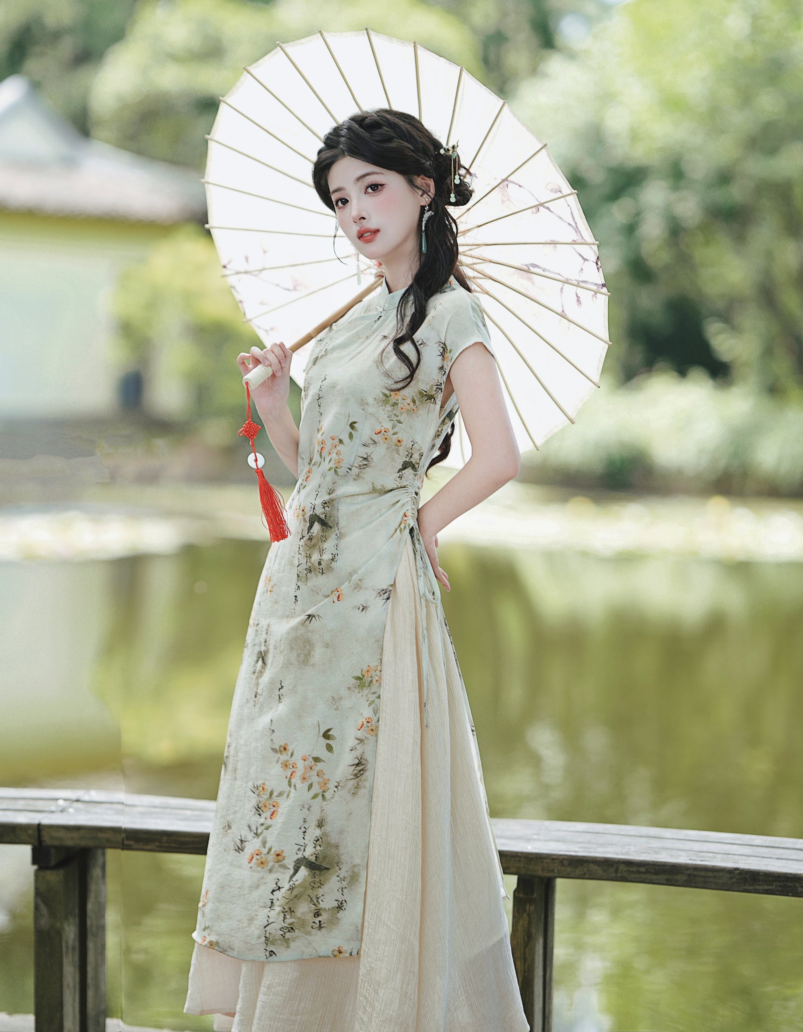 Elegant Green Ink Wash Modified Cheongsam Two-Piece Dress - Masion Chérie 