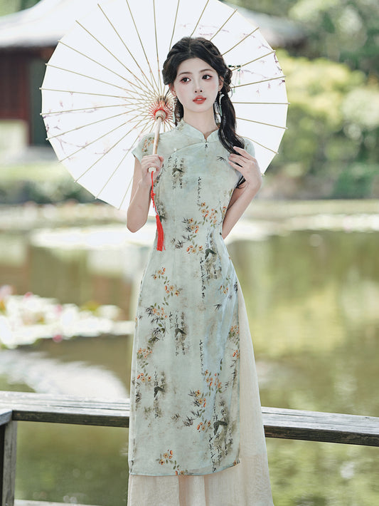 Elegant Green Ink Wash Modified Cheongsam Two-Piece Dress - Masion Chérie 