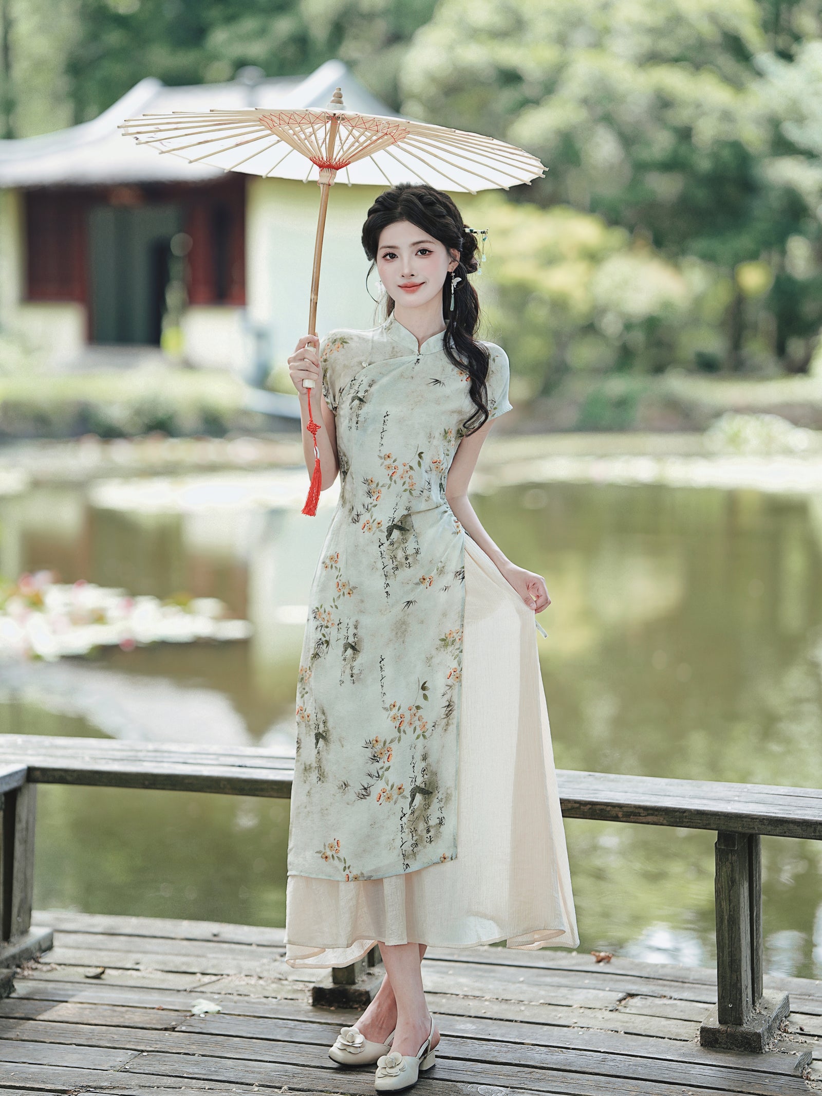 Elegant Green Ink Wash Modified Cheongsam Two-Piece Dress - Masion Chérie 