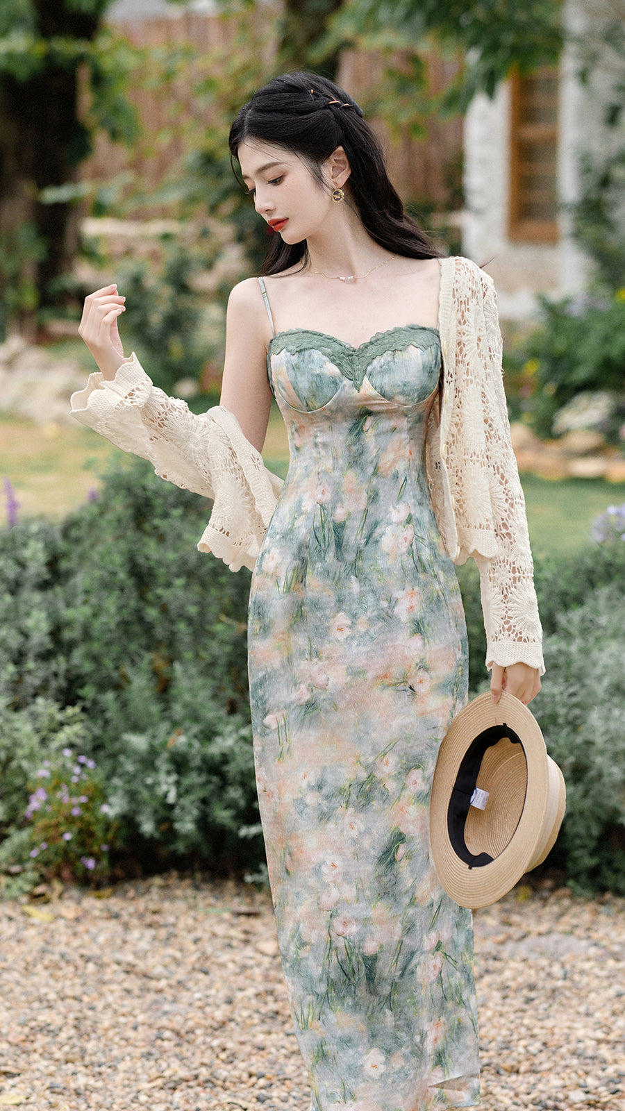 Elegant Floral Corset Midi Dress with Lace Cardigan - Masion Chérie