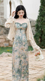 Elegant Floral Corset Midi Dress with Lace Cardigan - Masion Chérie