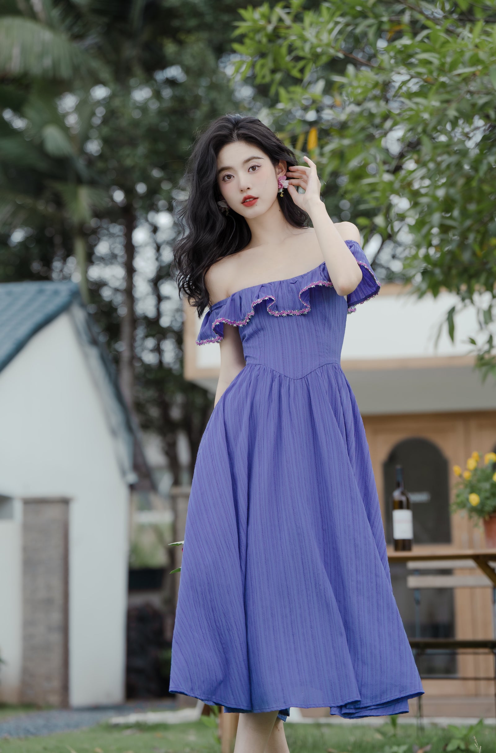 Vintage Blueberry Ruffled Off Shoulder Maxi Dress - Masion Chérie