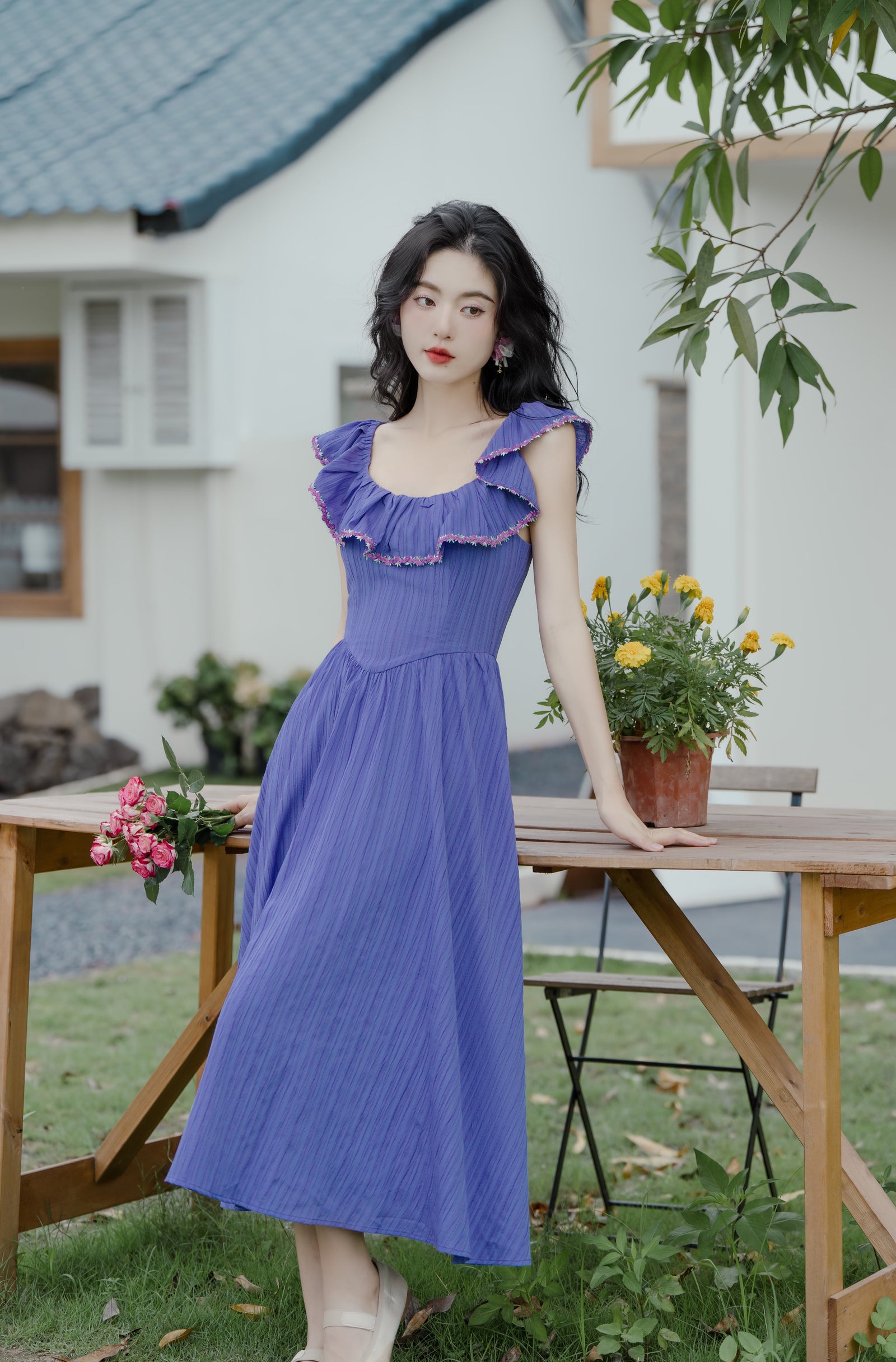 Vintage Blueberry Ruffled Off Shoulder Maxi Dress - Masion Chérie