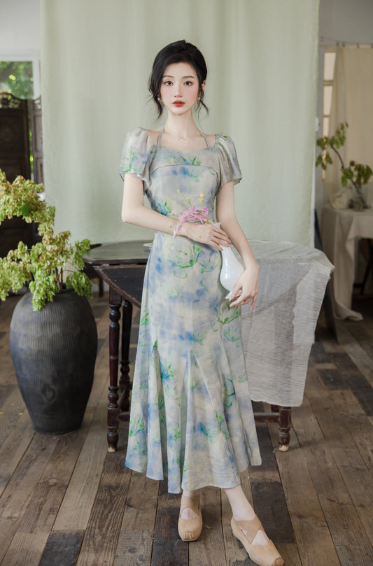 Serene Watercolor Puff Sleeves Maxi Dress