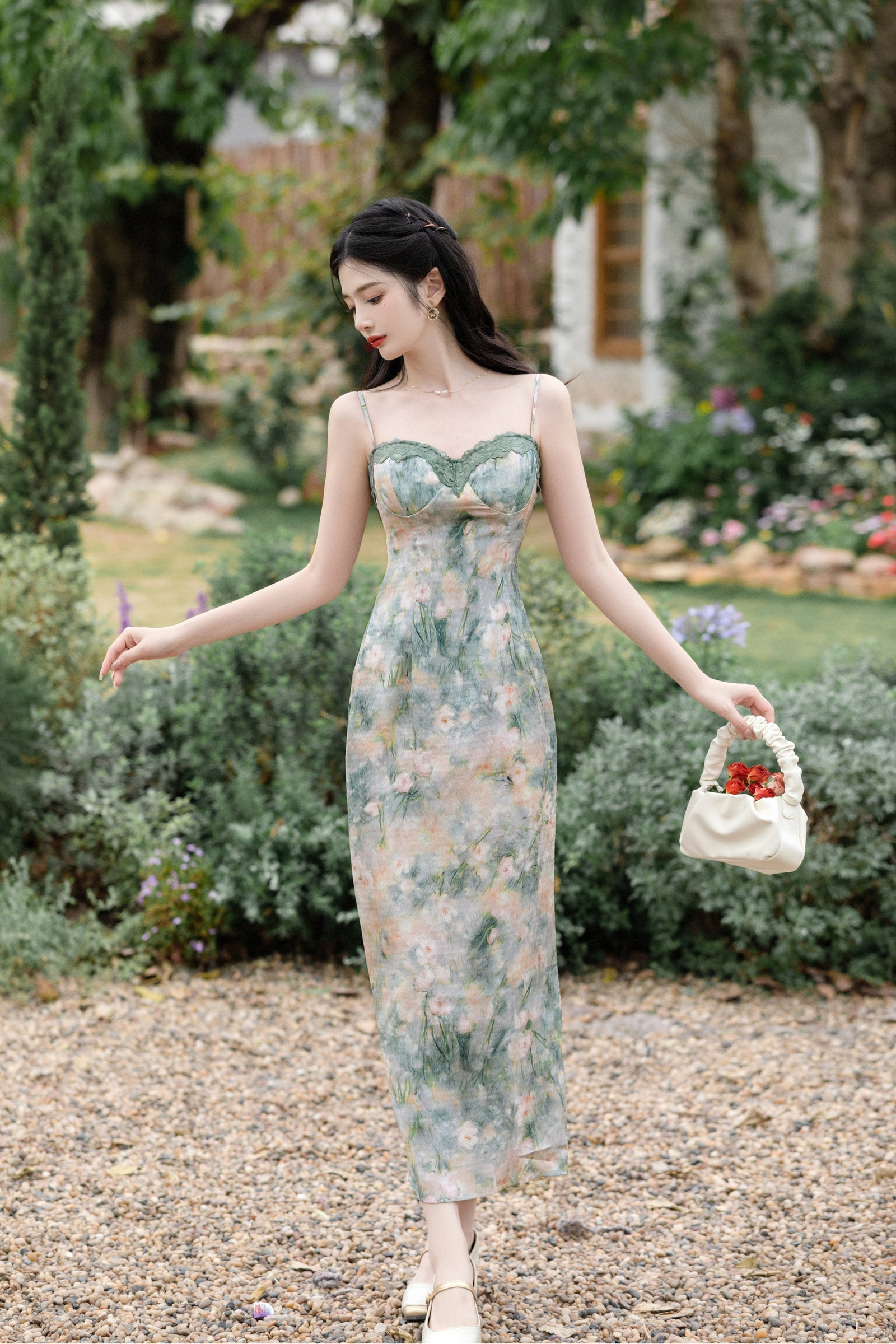 Elegant Floral Corset Midi Dress with Lace Cardigan - Masion Chérie