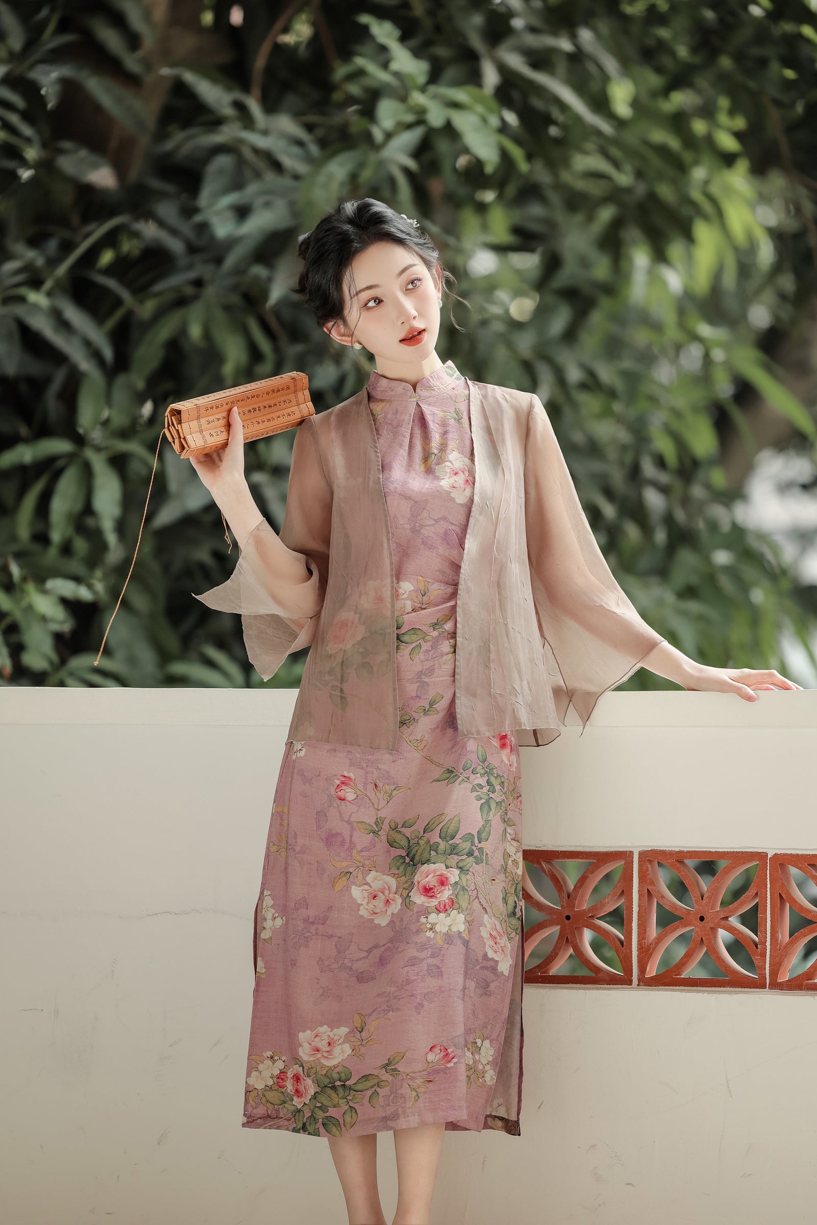 Vintage Floral Modified Cheongsam Dress with Lightweight Cardigan - Masion Chérie