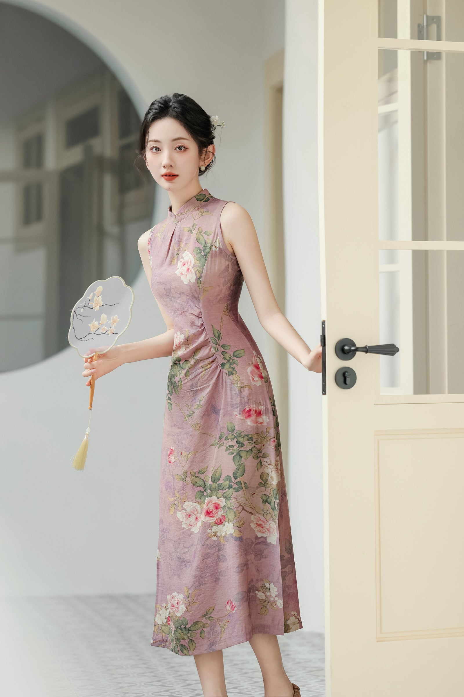 Vintage Floral Modified Cheongsam Dress with Lightweight Cardigan - Masion Chérie