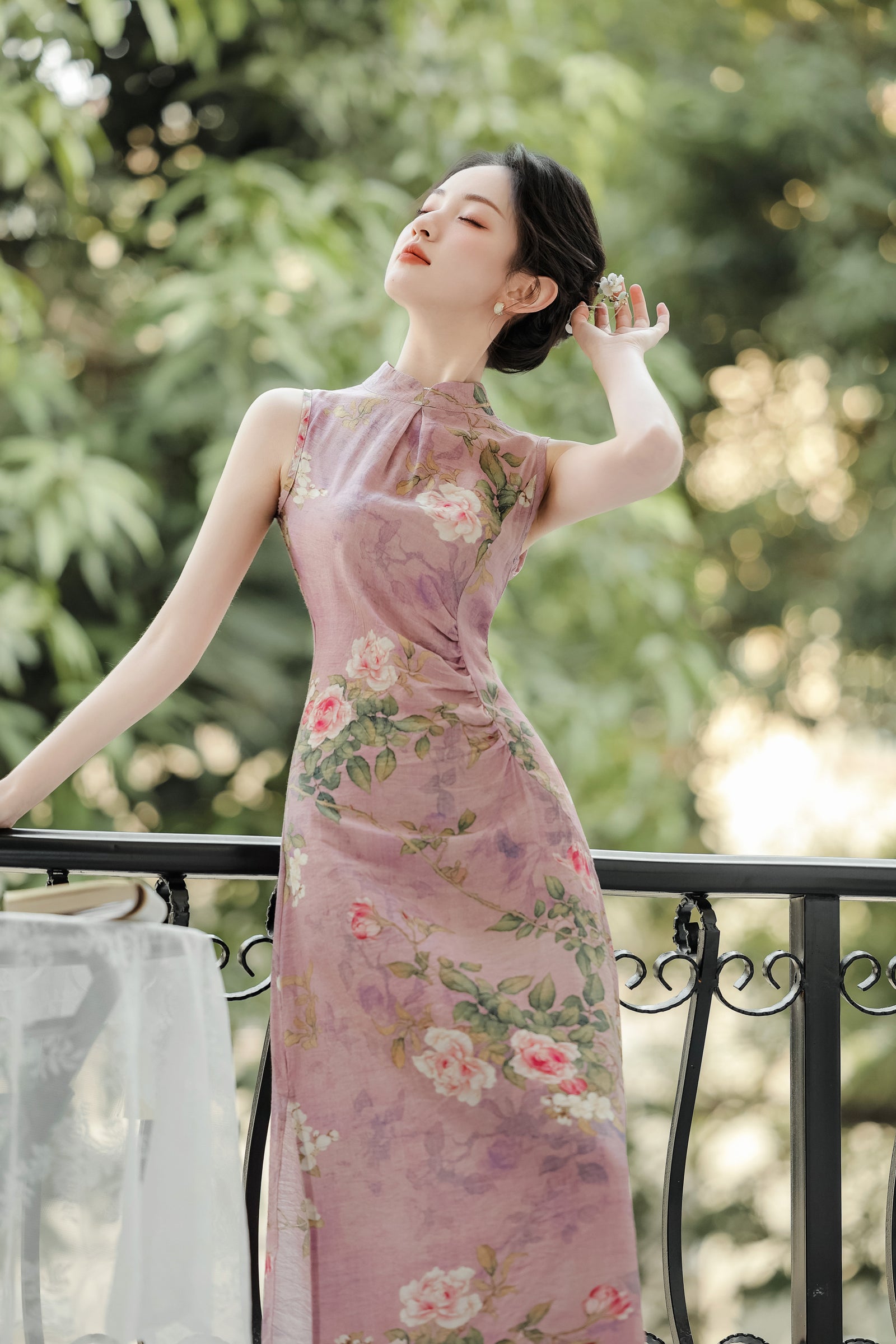 Vintage Floral Modified Cheongsam Dress with Lightweight Cardigan - Masion Chérie