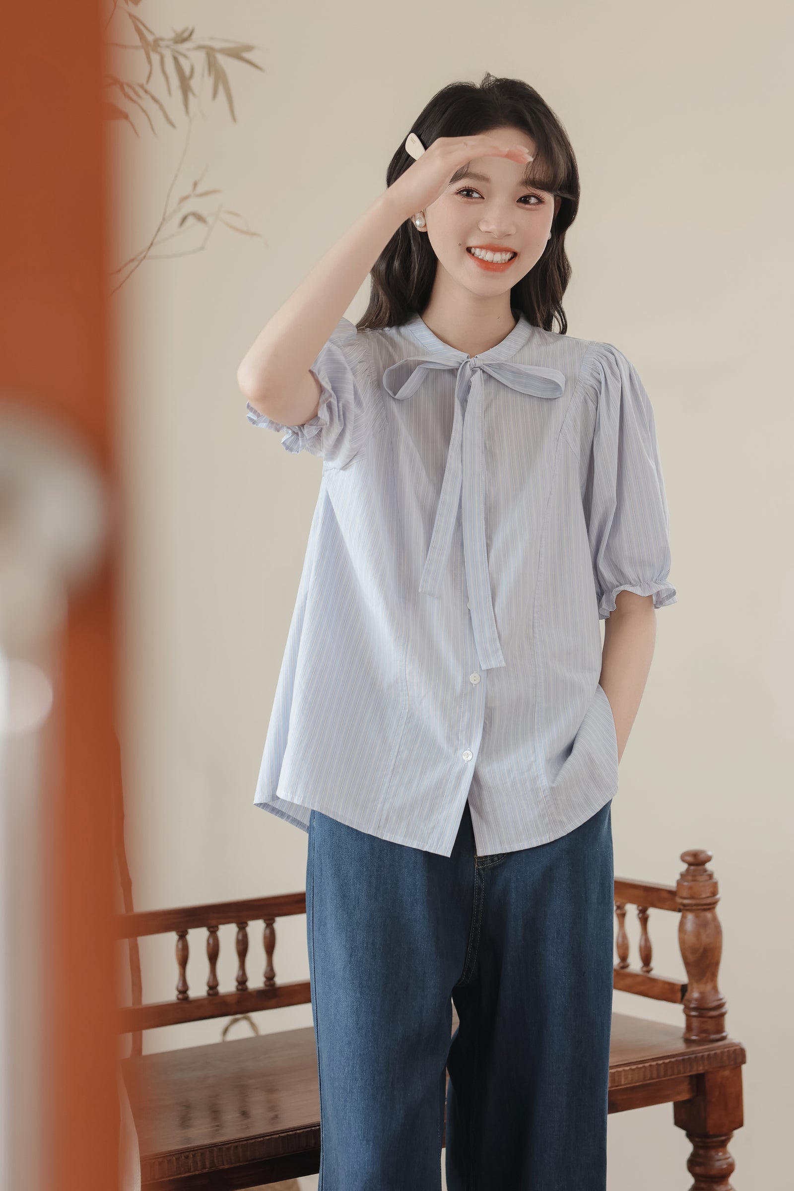 Elegant Striped Bow-Tie Puff Sleeve Blouse - Masion Chérie