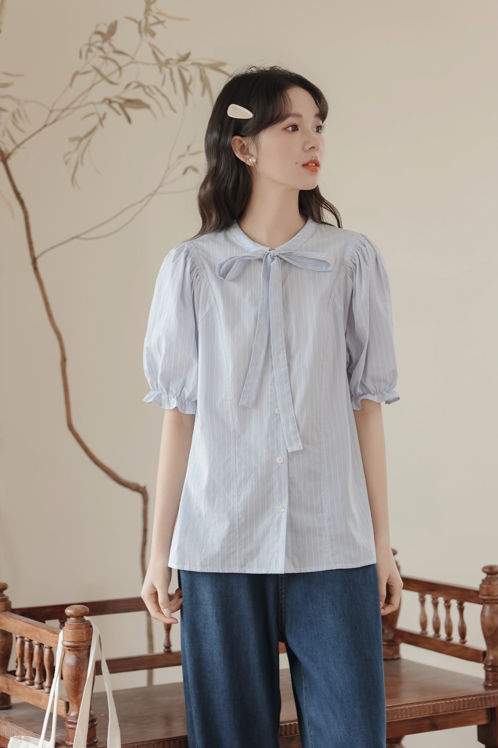 Elegant Striped Bow-Tie Puff Sleeve Blouse - Masion Chérie